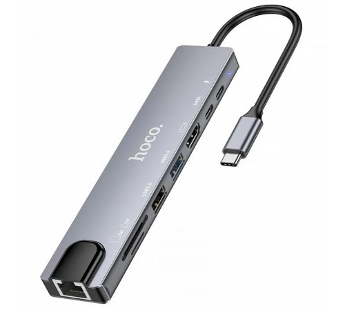 Перехідник HUB Hoco DUP09 (Type-C to HDMI+USB 3.0+USB 2.0+2xType-C+SD/TF) Silver