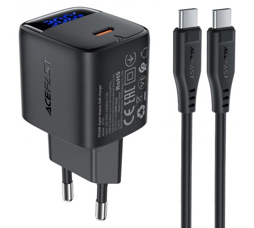 МЗП Acefast A115 PD30W GaN (1USB-C) + кабель Type-C to Type-C Black