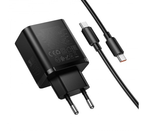 МЗП Hoco N75 Grande 65W QC+PD (1USB-A/2C) + кабель Type-C to Type-C Black
