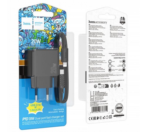 МЗП Hoco CS16A Wish PD20W (1USB-C/1L) + кабель Type-C to Lightning Black
