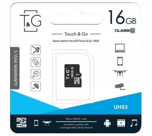Карта пам'яті T&G (UHS-3) microSDHC Class 10 - 16GB (без адаптера) Чорний