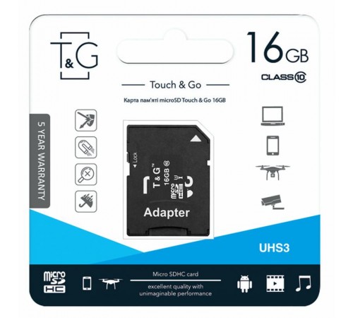 Карта пам'яті T&G (UHS-3) microSDHC Class 10 - 16GB (з адаптером) Чорний