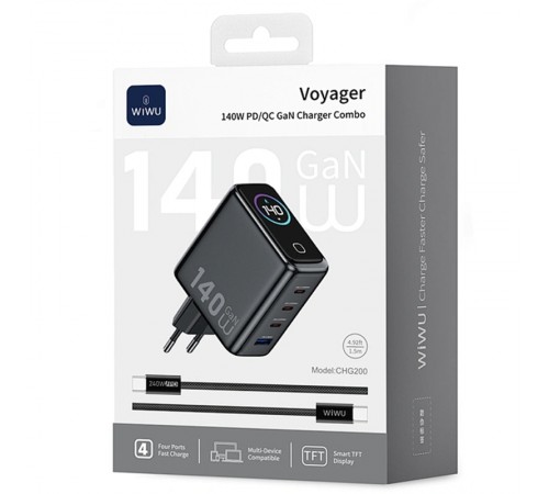МЗП WIWU CHG200 Voyager PD140W+QC3.0 (1USB-A/3C) + кабель Type-C to Type-C Grey