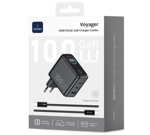 МЗП WIWU CHG300 Voyager PD100W+QC3.0 (1USB-A/2C) + кабель Type-C to Type-C Grey