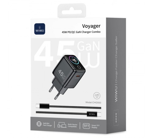 МЗП WIWU CHG500 Voyager PD45W (1USB-C) + кабель Type-C to Type-C Grey