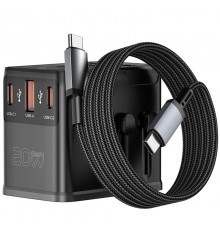 Мережевий універсальний перехідник WIWU UA013 20W GaN + 1USB-A/2C with retractable cable Type-C Black