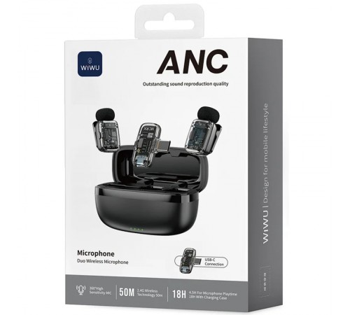 Петличний бездротовий мікрофон WIWU WM008 Dual-mic ANC Type-C Black