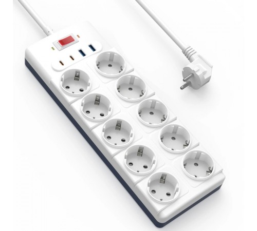 Подовжувач WIWU S008 Power Strip PD20W (2USB-A/2C/10xSocket) (2m) White
