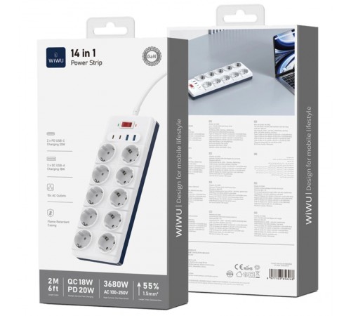 Подовжувач WIWU S008 Power Strip PD20W (2USB-A/2C/10xSocket) (2m) White