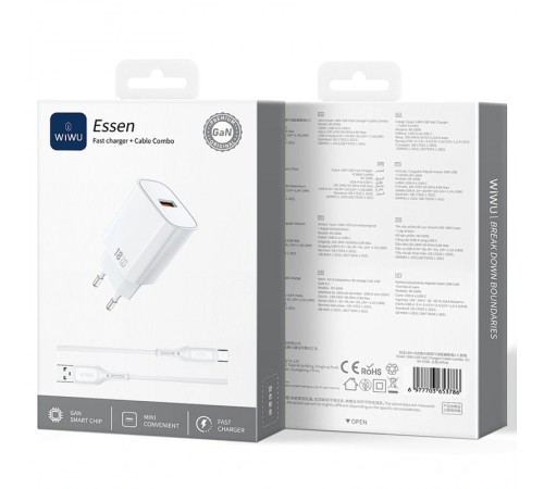 МЗП WIWU G006 Essen QC3.0 18W GaN (1USB-A) + кабель USB to Type-C White