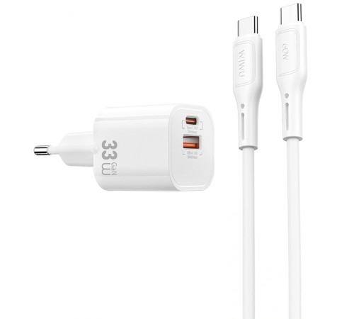 МЗП WIWU G018 Cube PD33W+QC3.0 GaN (1USB-A/1C) + кабель Type-C to Type-C White