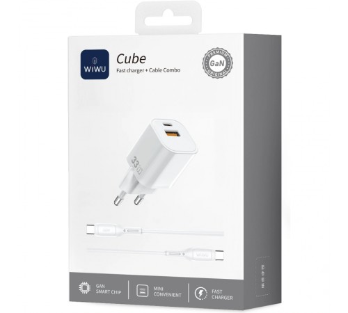 МЗП WIWU G018 Cube PD33W+QC3.0 GaN (1USB-A/1C) + кабель Type-C to Type-C White