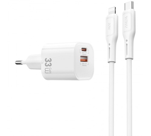 МЗП WIWU G018 Cube PD33W+QC3.0 GaN (1USB-A/1C) + кабель Type-C to Lightning White