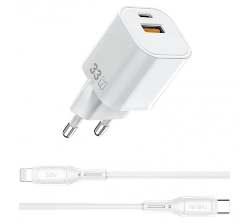 МЗП WIWU G018 Cube PD33W+QC3.0 GaN (1USB-A/1C) + кабель Type-C to Lightning White