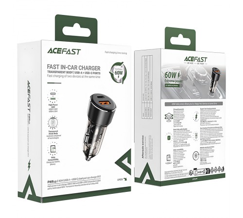 АЗП Acefast B12 PD30W+QC3.0 total 60W (1USB-A/1C) Black