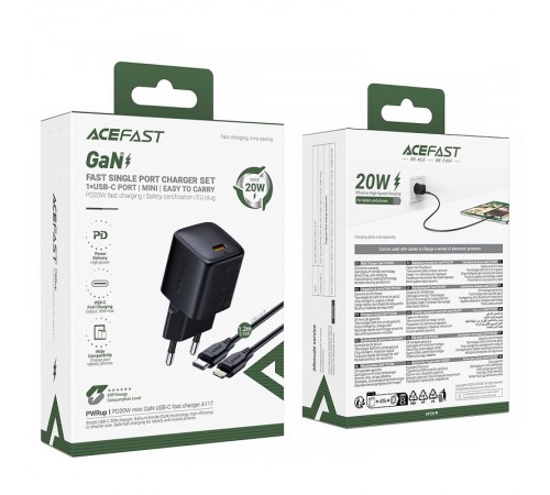 МЗП Acefast A117 mini PD20W GaN (1USB-C) + кабель Type-C to Lightning Black