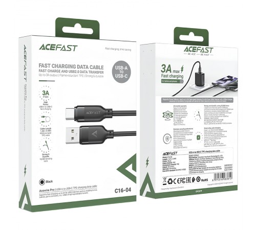 Дата кабель Acefast C16-04 USB to Type-C 3A (1.2m) Black
