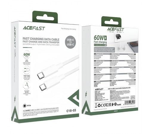 Дата кабель Acefast C18-03 Type-C to Type-C 60W (1.2m) White