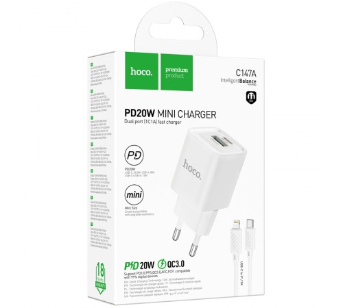 МЗП Hoco C147A PD20W+QC3.0 (1USB-A/1C) + кабель Type-C to Lightning White