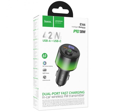 АЗП FM модулятор Hoco E166 Path PD42W+QC3.0 (1USB-A/1C) Black