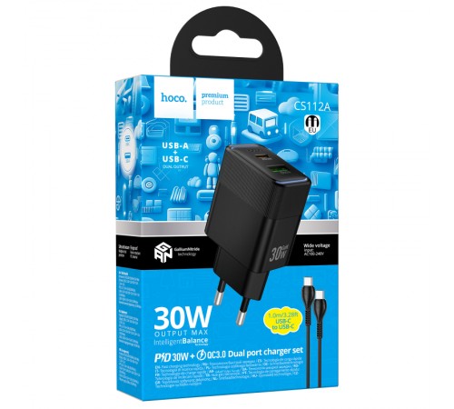 МЗП Hoco CS112A Lounge PD30W+QC3.0 (1USB-A/1C) + кабель Type-C to Type-C Black