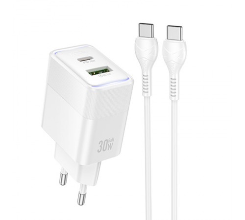 МЗП Hoco CS112A Lounge PD30W+QC3.0 (1USB-A/1C) + кабель Type-C to Type-C White