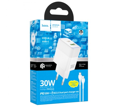 МЗП Hoco CS112A Lounge PD30W+QC3.0 (1USB-A/1C) + кабель Type-C to Type-C White