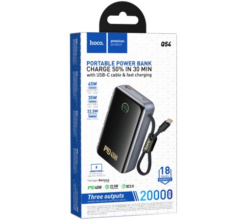 Портативний ЗП Power Bank Hoco Q54 Shine PD45W with cable 20000 mAh Metal gray
