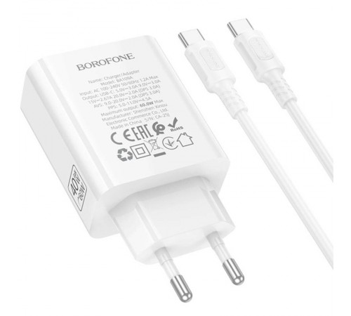 МЗП Borofone BA109A Star PD40W (1USB-C) + кабель Type-C to Type-C White