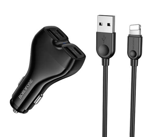 АЗП Borofone BZ35 Leader PD15W+QC3.0 total 30W (2USB-A/2C) + кабель USB to Lightning Black