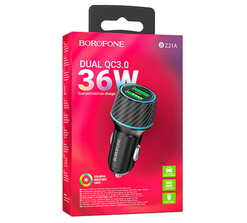 АЗП Borofone BZ21A Brilliant QC3 total 36W (2USB-A) Black